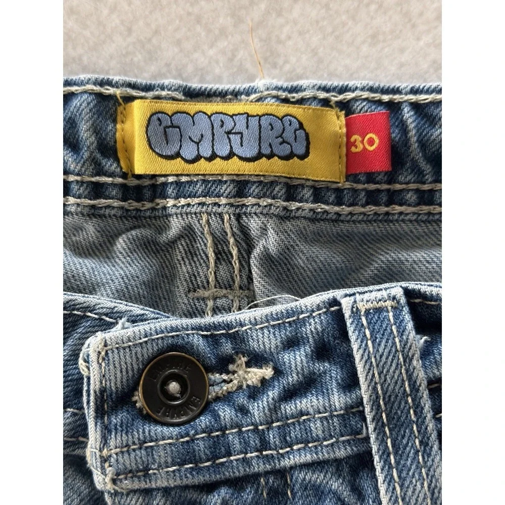 Vintage 90's Empyre Men's Blue Denim Patch Jorts Baggy Skater Grunge Size 30